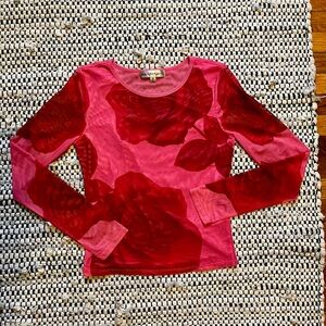 Madden Girl Pink and Red Floral Mesh Long Sleeve Tee